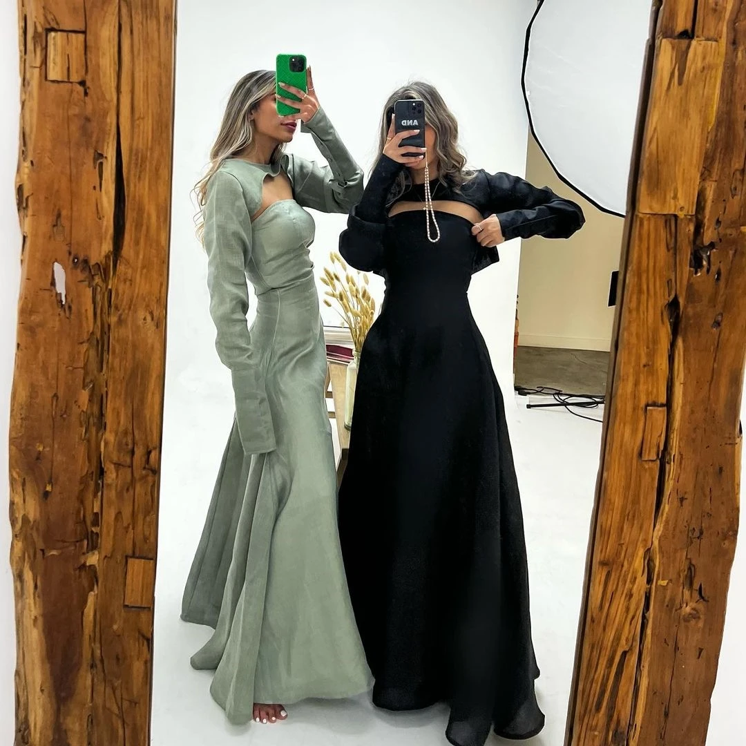 

Lovestory Saudi Arabia Women Long Sleeves Jackets Evening Dresses Two Pieces Strapless A Line Formal Banquet Prom Party Gowns