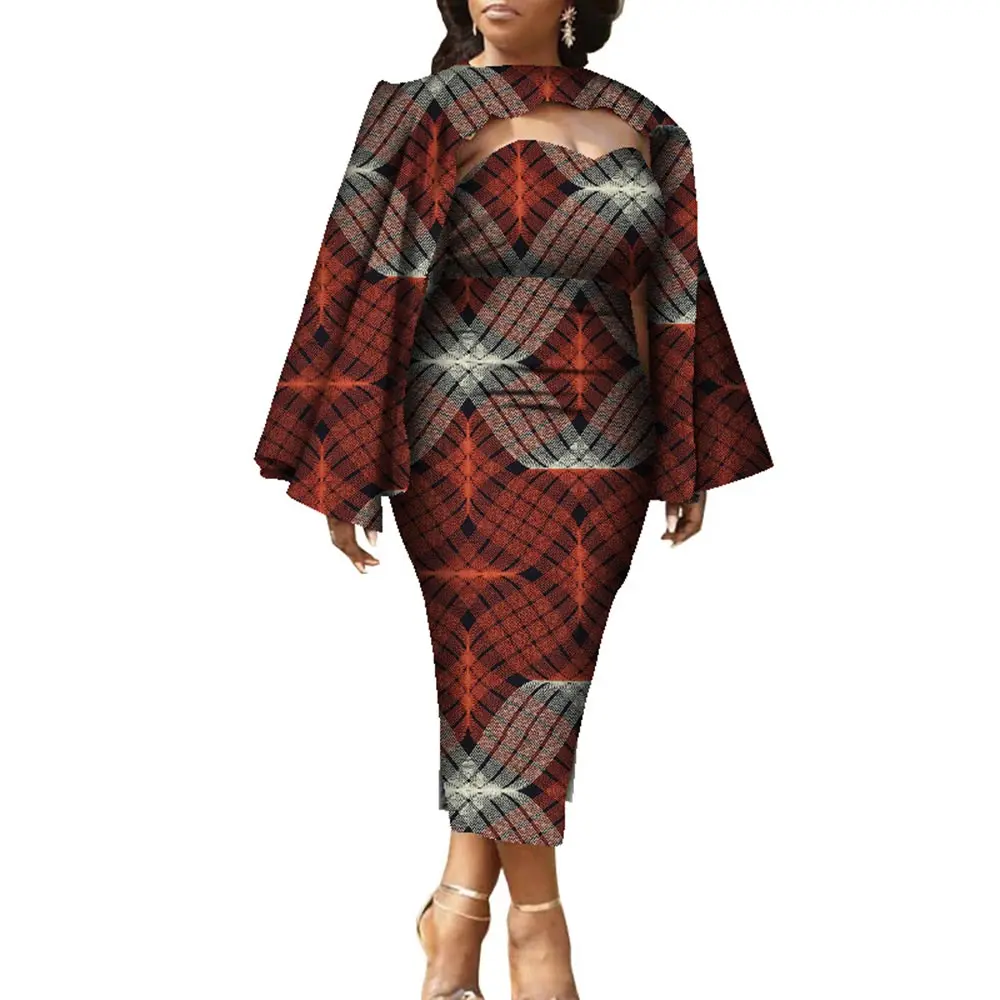 2 Pcs Set Women African Dresses with Shawl Cloak Fashion Africa Print Clothing for Party Wedding Bazin Riche Plus Size WY8639