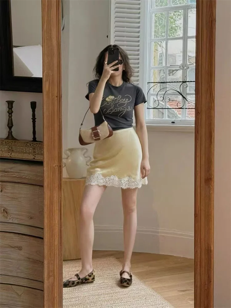 الرجعية الدانتيل المرقعة عالية الخصر Bodycon ort تنورة الصيف خمر Sle المرأة Faion خلات الساتان f-طول تنورة
