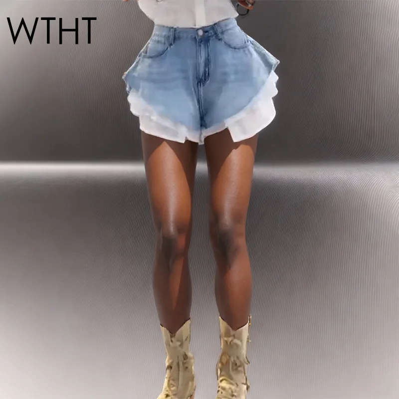 WTHT New Fashion Women's Patchwork Hem Wash Denim Shorts 2025 Summer Trendy High Waist A-line Short Pants Female 1LS1393