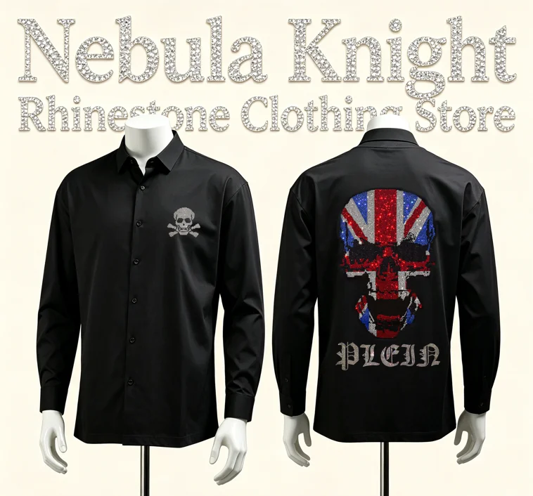 Men's Black Long Sleeve Shirt Rhinestone Skull Pattern Slim Fit Button down Casual Daily Top High Street Luxury