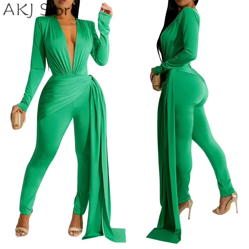 

Женский сексуальный однотонный узкий комбинезон с глубоким V-образным вырезом и длинными рукавами