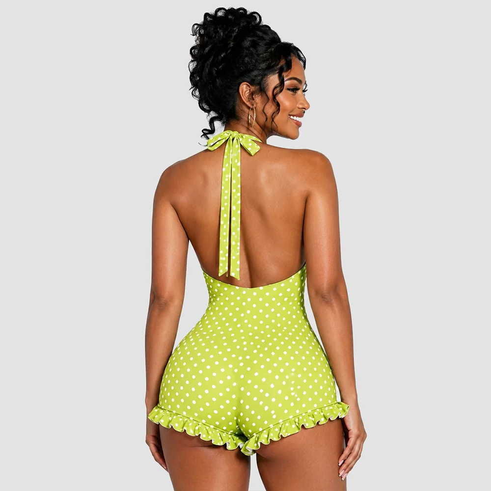 Polka Dot Halter Romper - Sexy Deep V Backless Ruffle Playsuit, Skinny Ruched Streetwear for Women view 4