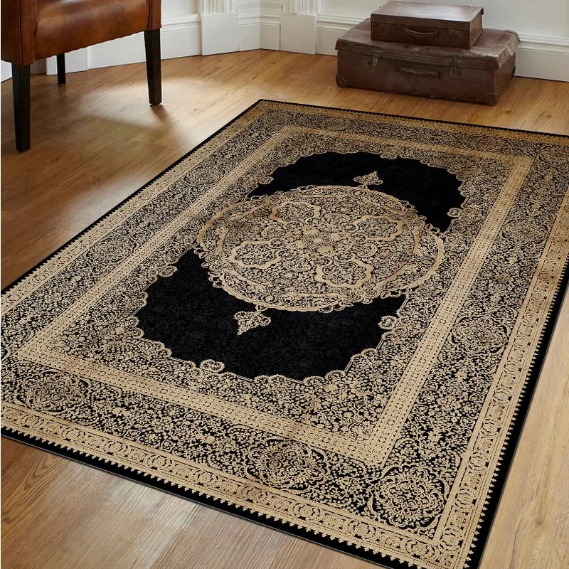 Black Dark Navy and Gold Oriental Rug for Saloon Rug Living Room Luxury Area Rug for Bedroom Bedside Deco Rug Gaming Room Carpet