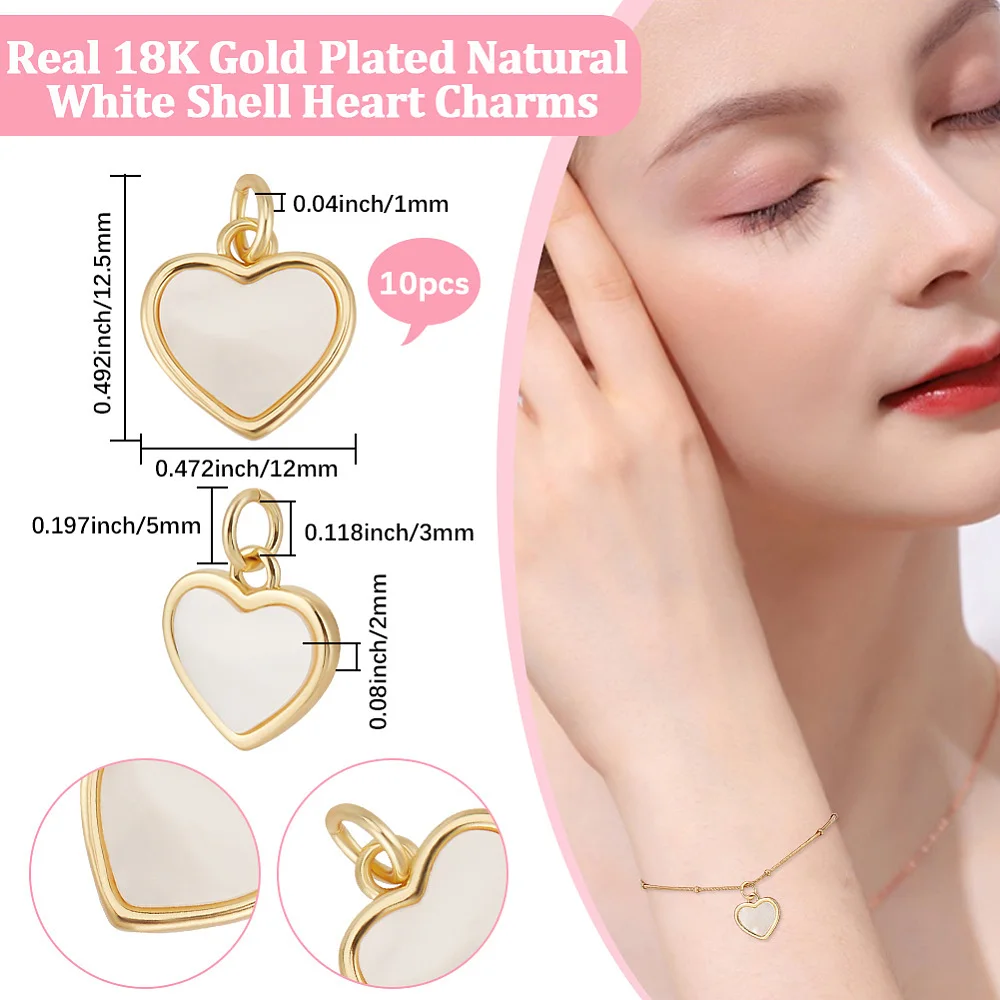 1 Box 10Pcs Flat Heart Charms 18K Gold Plated Nature White Shell Love Charm for Jewelry Making DIY Crafts Earrings Bracelet