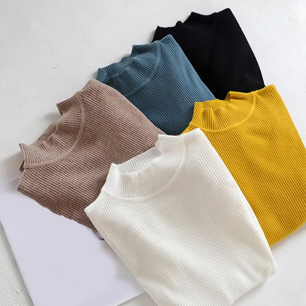 Comfortable Knit Top Slim Fit Sweater Stylish Women's Ribbed Knitwear Slim Fit Half High Collar Shirt with Long for Warmth