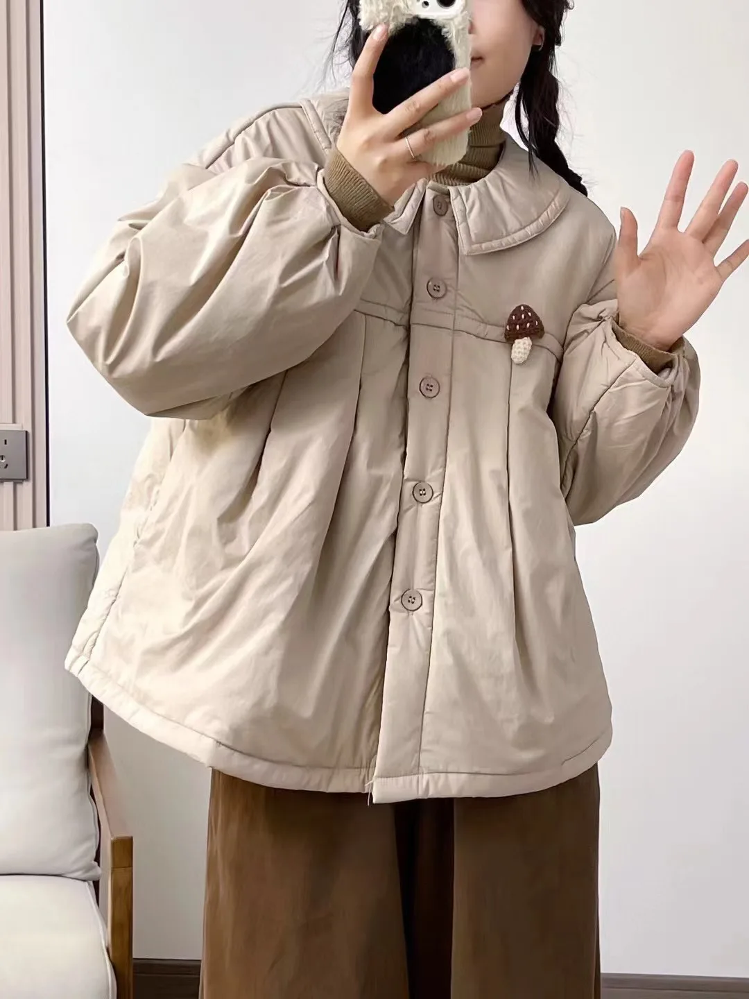 Novo casaco acolchoado de algodão de inverno 2025, feminino peter pan colarinho sólido, mori menina redução de idade chique quente solto outerwear c5d924cc