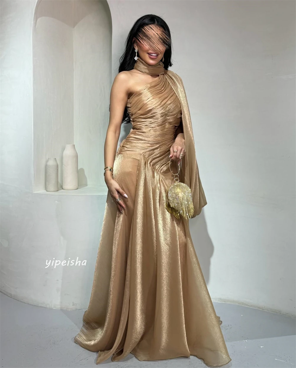 Customized  Organza Draped Pleat Formal Evening A-line High Collar Bespoke Occasion Gown Long Dresses Saudi Arabia