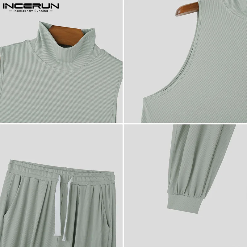 2024 Men Sets Solid Color Turtleneck Sleeveless Tank Tops & Drawstring Pants 2PCS Streetwear Fashion Men\'s Casual Suits INCERUN