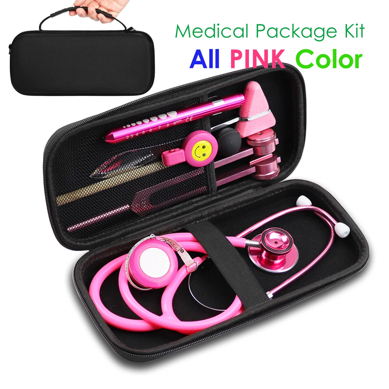 Mallette de rangement de moniteur de santé médical rose, kit de poudres GT et stéthoscope, diapason quotidien, marteau lex, lampe-stylo LED, outil torche