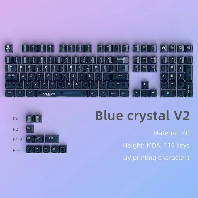 Blue Crystal Keycap Mechanical Keyboard Small Full Set PC Fully Transparent Customized Boneless Position-MDA Height 119 Keys