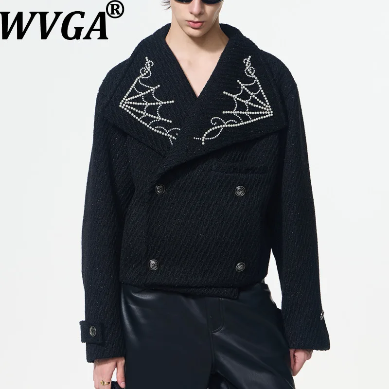 

WVGA Autumn Winter New Man Tide Heavy Trendy Pearl Design Short Jacket Niche Chic Casual Woolen Turn-Down Collar Coat Ins W14976