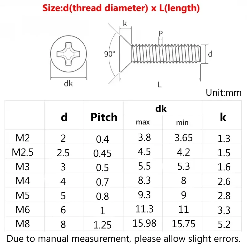 M2‑M8 GR2 (TA2) Pure Titanium Flat Countersunk Bolts, Phillips Cross Drive Machine Screws