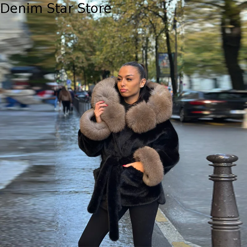 

Thicken Warm Faux Fur Coat Women Vintage Patchwork Furry Collar Sleeve Hooded Jacket Lace Up Pocket Outerwears NEW Lady Coats