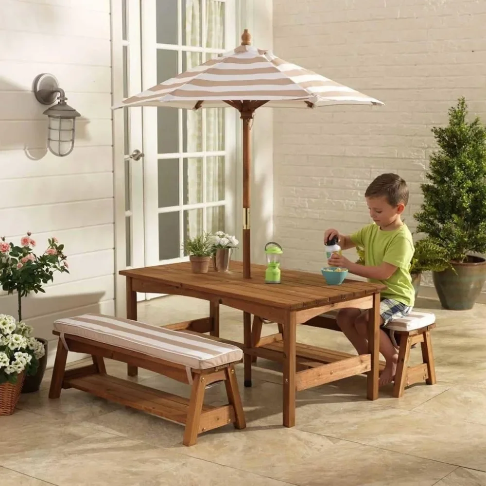 Ensemble de table et banc en bois d'extérieur avec coussins et parapluie, meubles d'arrière-cour pour enfants, tissu à rayures bleu marine et blanc, livraison gratuite