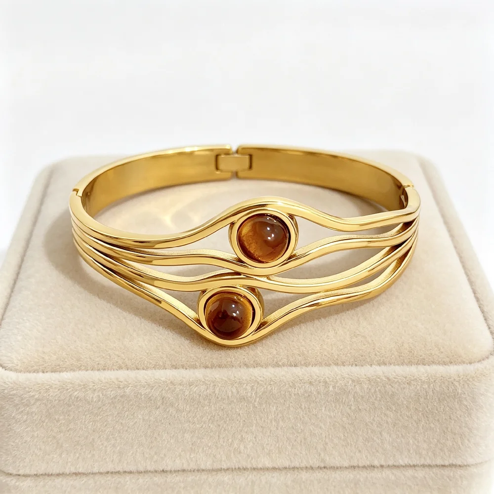Greatera Marken-Armreif aus Edelstahl mit zweilagigem Tigerauge-Stein für Damen und Herren, Festival-Party, Vintage, stapelbar, wasserdichter Schmuck – Detail 3