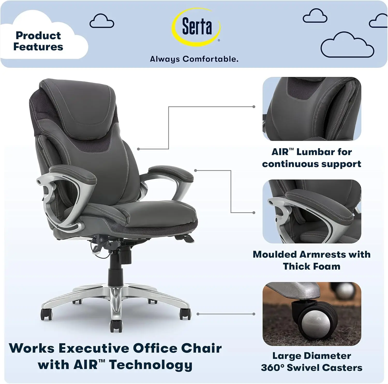Executive Office Chair, Ergonomic Computer DeskChair with Patented AIR Lumbar Technology, Layered Body Pillows for Cushioning,