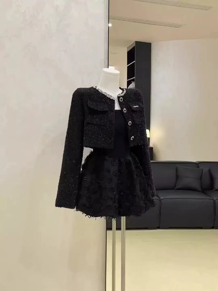 Perfect Black Dress Featuring Luxurious Quilted Cropped Jacket And Flared Mini For Slimming Fit Heiress Chic Skirt Ensemble