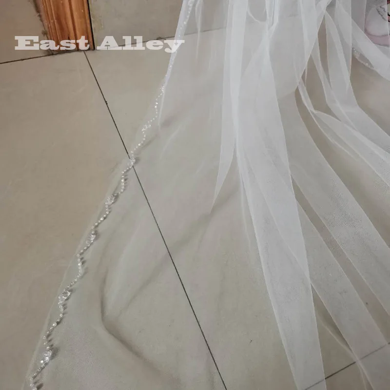 

White Ivory 1 Tier Waltz Floor Chapel Cathedral Wedding Veils Crystal & Pearls Cut Edge Bridal Veil Wedding Vail with Metal Comb