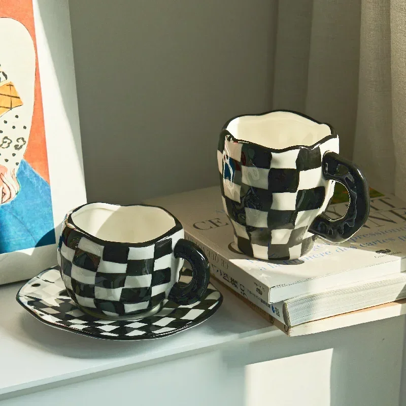 

Nordic Monochrome Cup Black and White Checkerboard Mug Ceramic Cup Ins Coffee Cup Dish Afternoon Tea Cups Creative Mugs