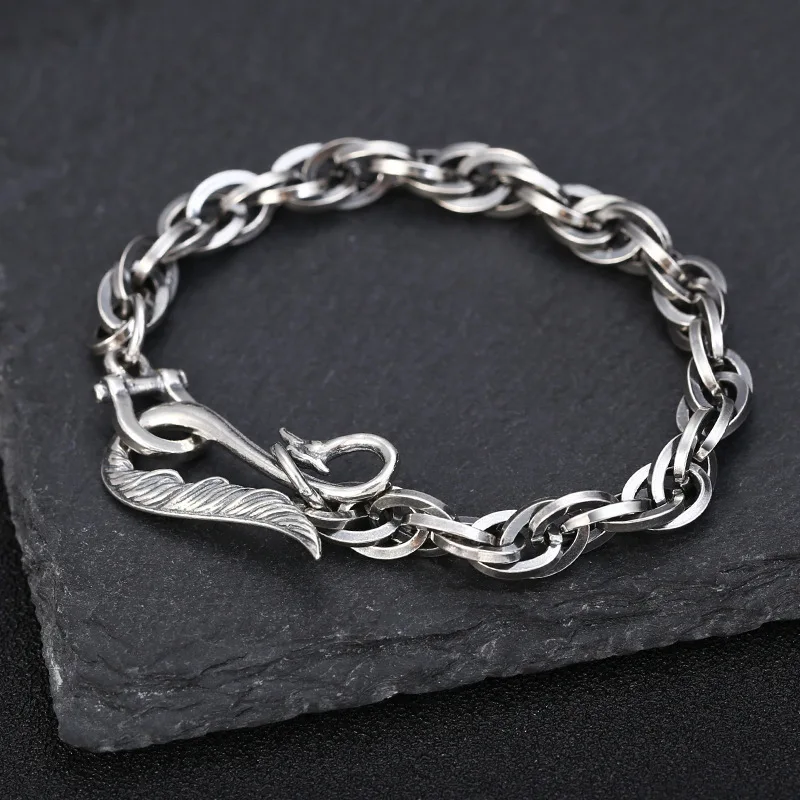 s925 sterling silver personalized retro distressed stitching bracelet men and women Thai silver design Eagle buckle hand jewelry