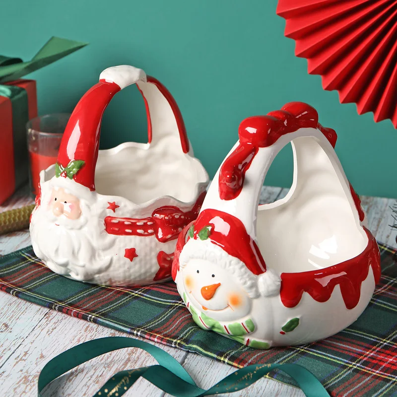 Hand-painted Santa Claus ceramic tote basket Home kitchen Dining room supplies Snack storage box Christmas candy decor basket