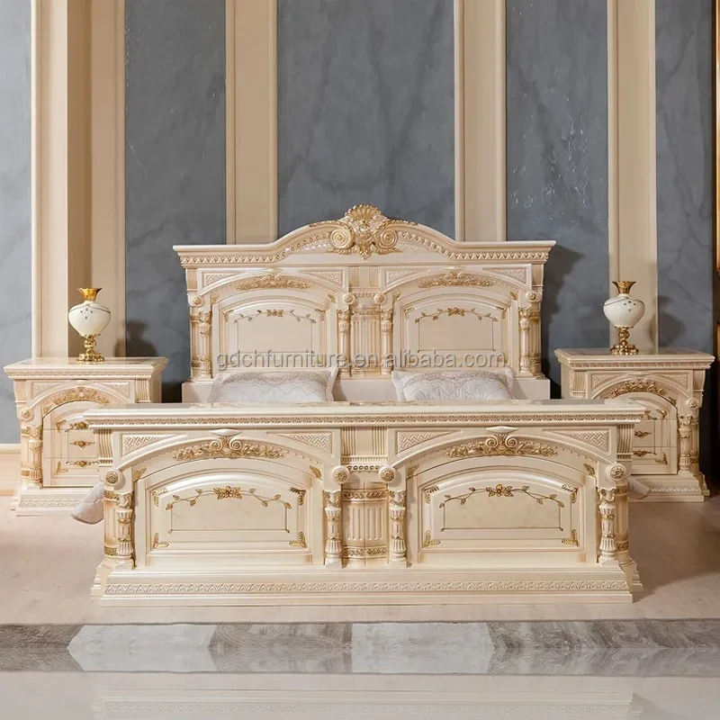 European Customized Luxury King Size Bed French Palace Style Solid Wood Carved Bedroom Set for Villa Home Use