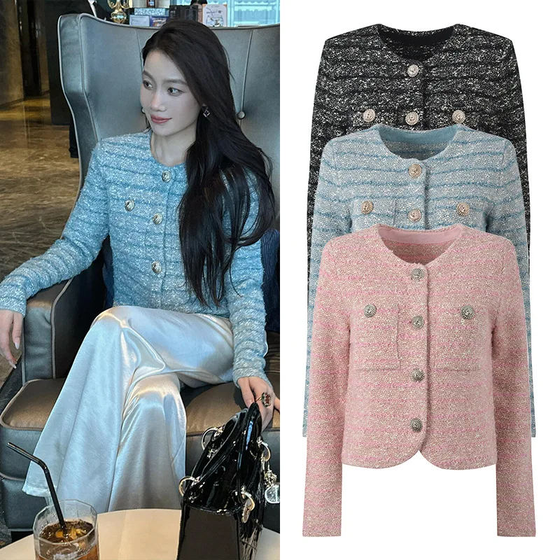 

Spring Summer 2025 New Sle Ele Lady Small Fraance round Ne Metal Bule Hem Arc Color Blo round Ne Open Cardiga...