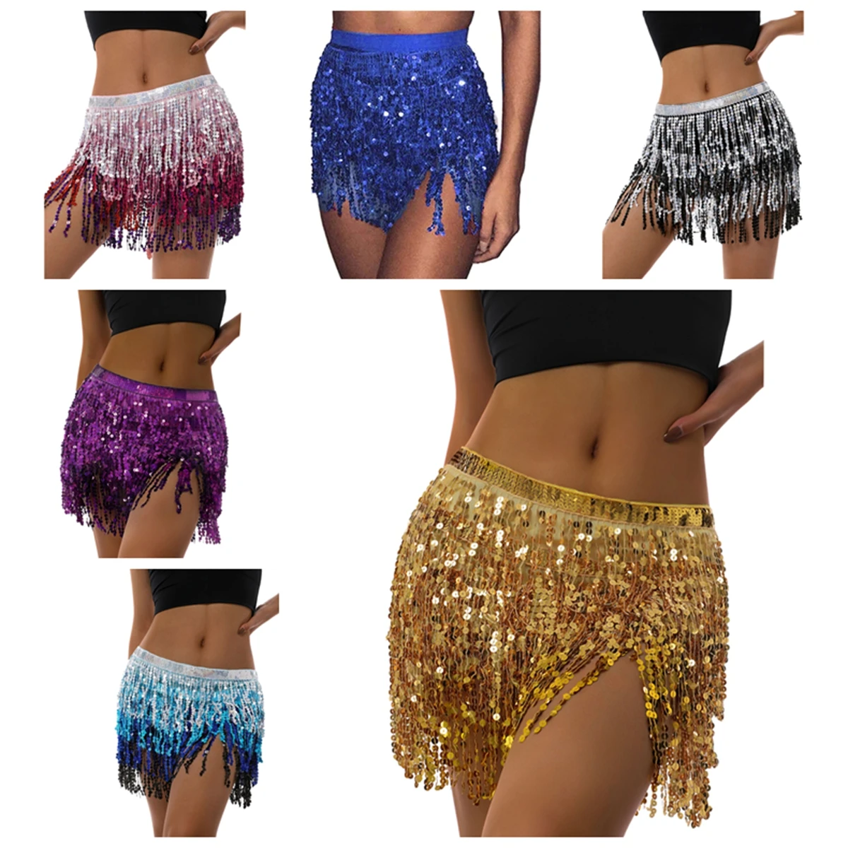 Women's Sexy Belly Skirt Sequined Fringe Miniskirt with Adjustable Waist Straps Mini Skirt for Dance Performance Rave Party