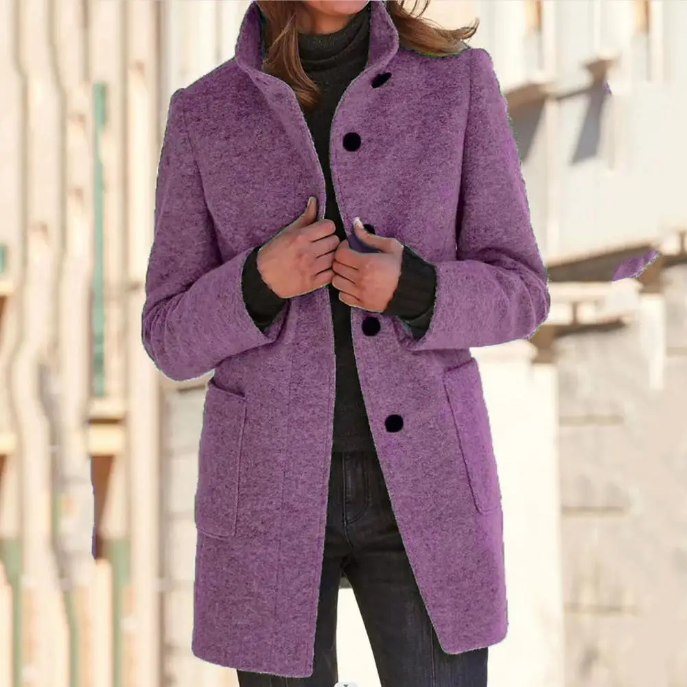 Trendy Women Overcoat Stand Collar Solid Color Buttons Pure Color Women Overcoat  Lady Coat Thermal