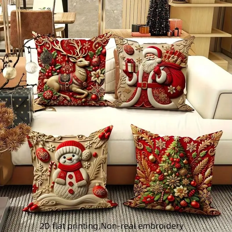 VIKAMA 4Pcs 3D Embossed Look Christmas Pillow Covers Santa Reindeer Snowman Xmas Tree Print Cushion Cases Sofa Decor No Insert