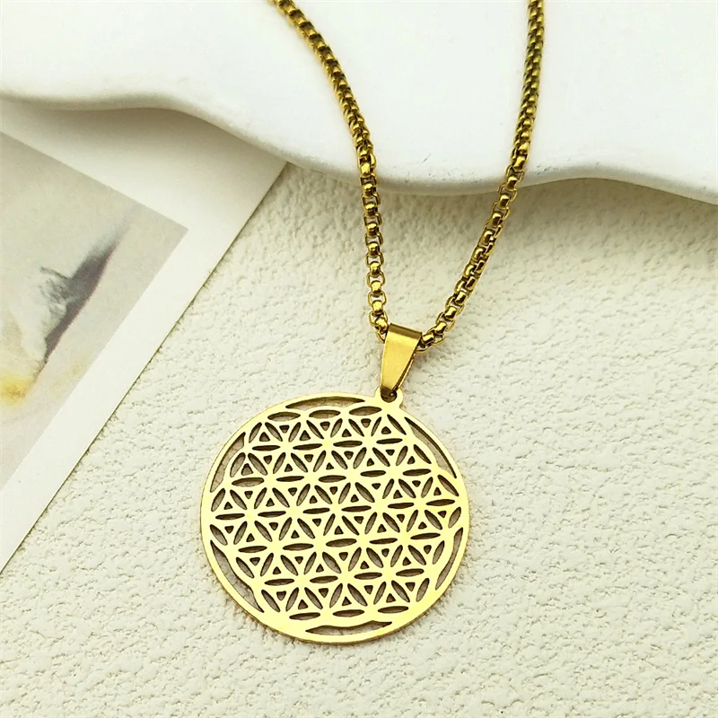 Flower of Life Stainless Steel Long Necklace for Women Men Gold Color Mandala Metatron Necklaces Jewelry collares para mujer