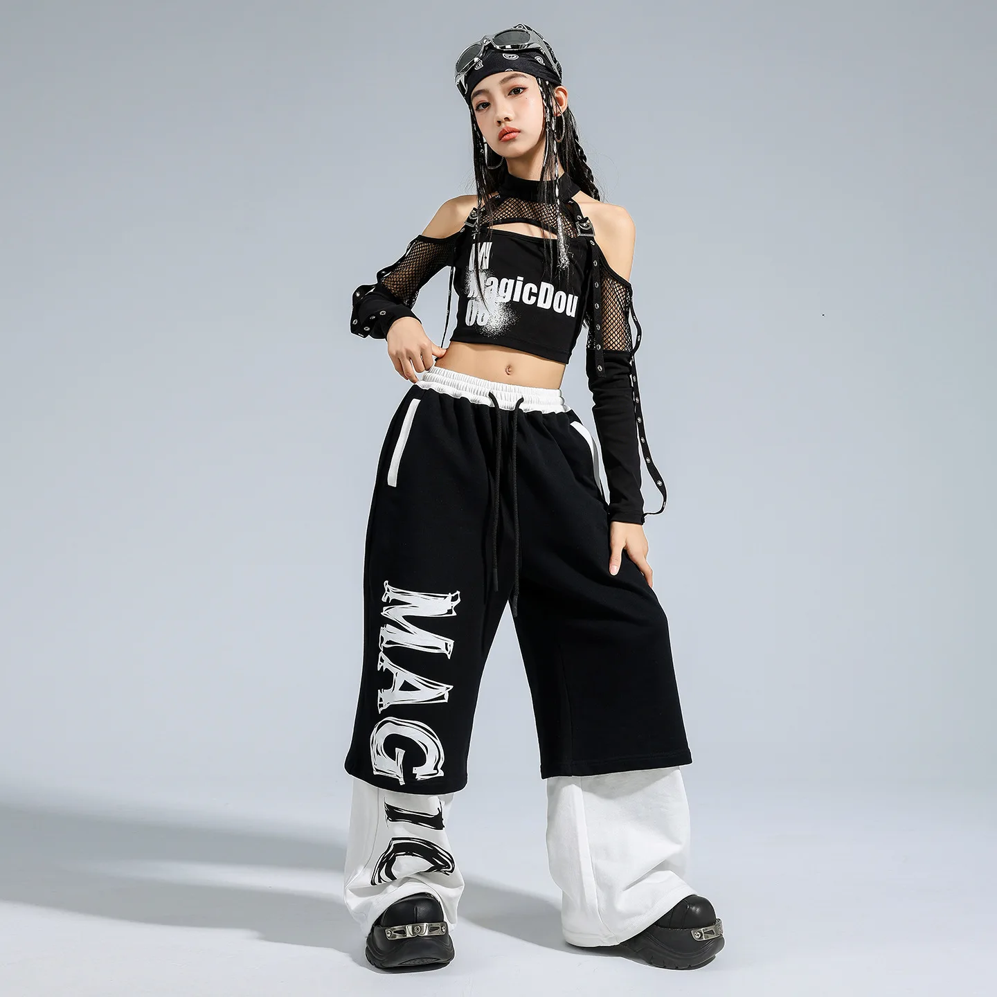 Hip Hop Girls Off Shoulder Crop Top Letters Dance Contrast Pants Kids K-pop Streetwear Costume Child Jazz Girl Group Clothes Set