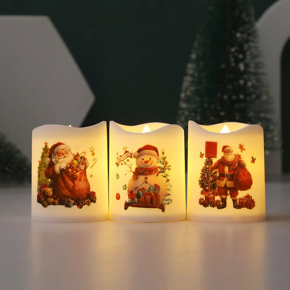 Christmas LED candles,flameless candle,Candle w/Christmas Pattern,Santa Claus,Snowman,battery-powered,dining tables,Christmas