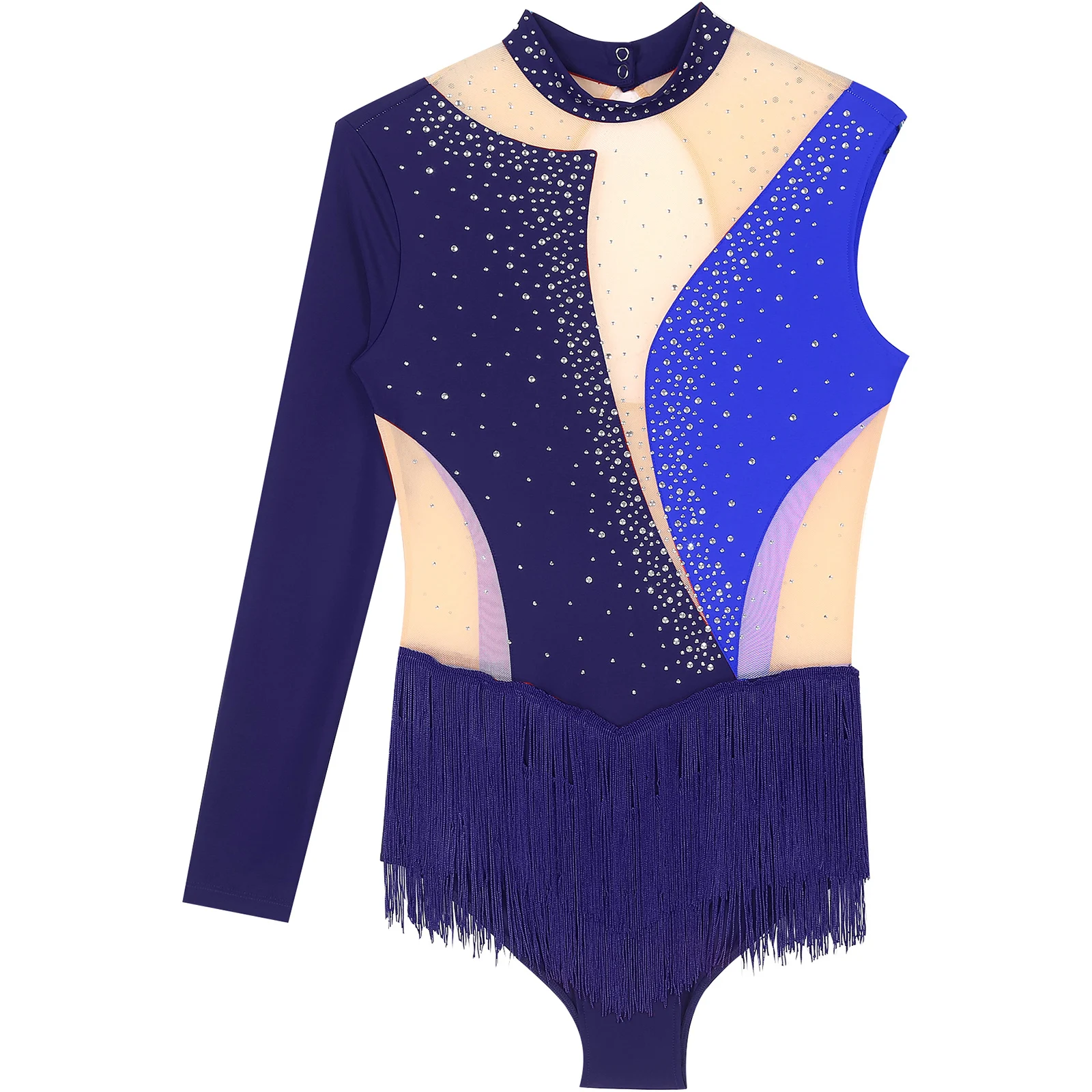 Women Figure Skating Ballet Rhythmic Gymnastics Acrobatics Latin Dance Cha-Cha Leotard Rhinestone Tassel Mesh Bodysuit Dancewear