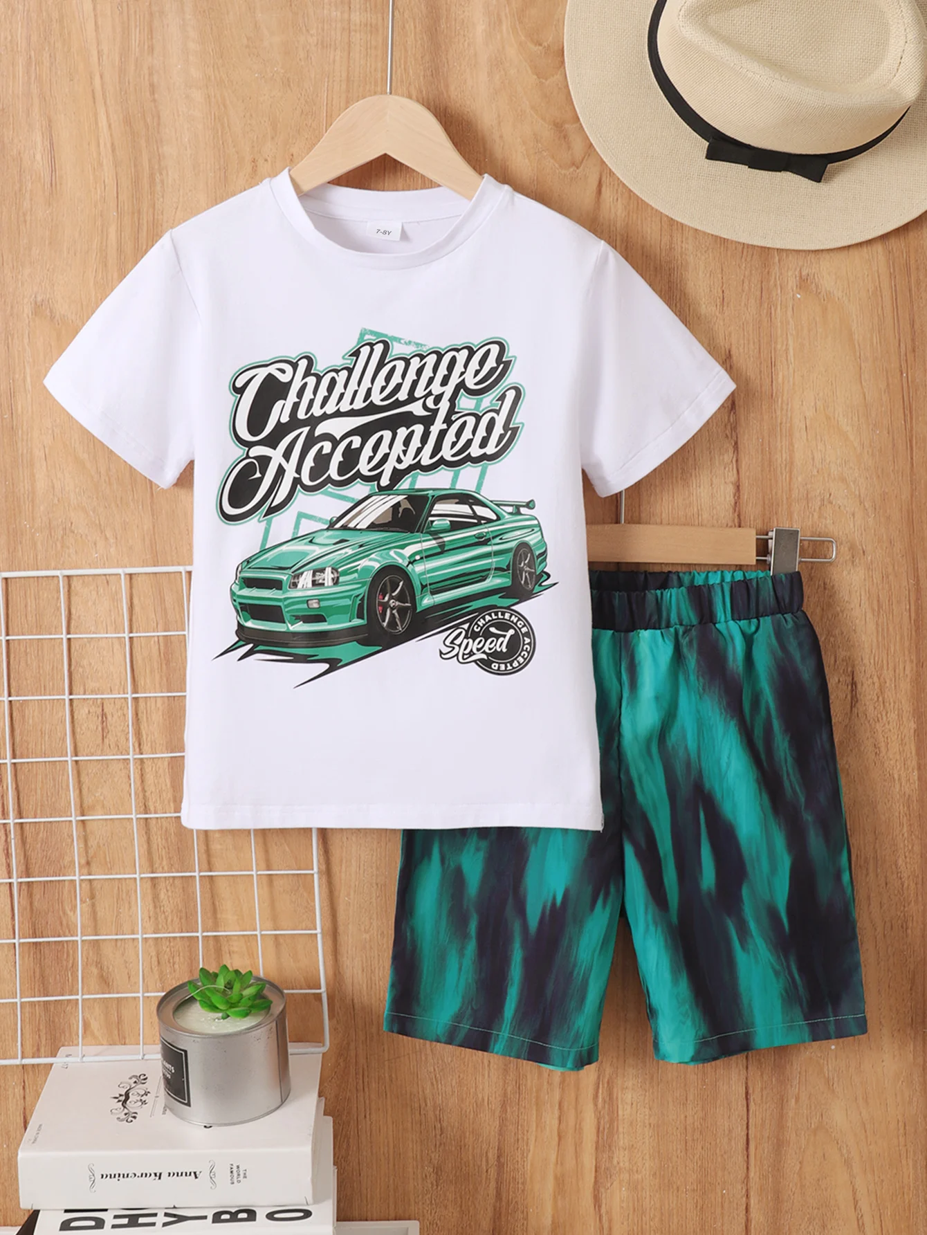 Summer Boys' Racing Pattern Round Neck T-shirt and Shorts Two Piece Set