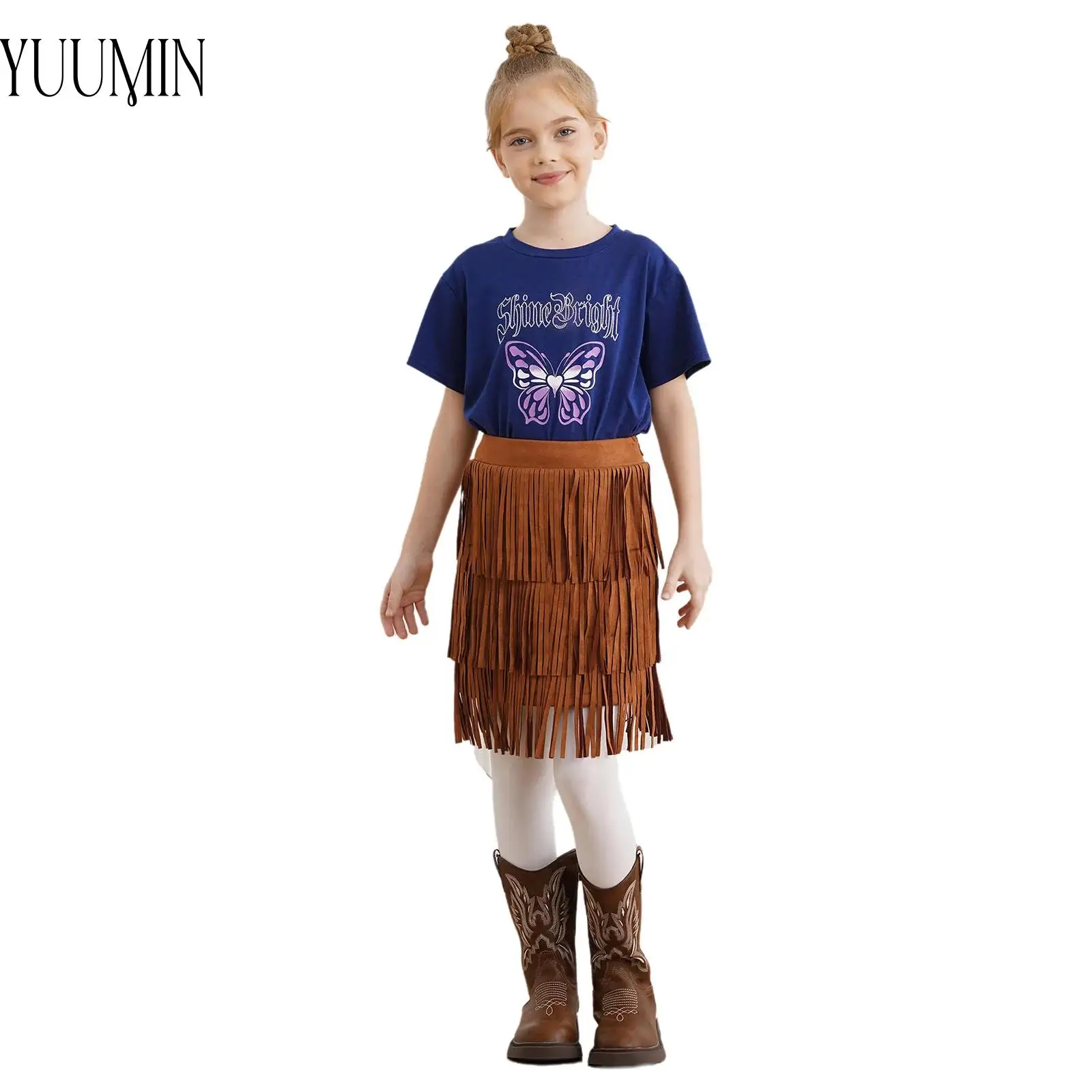 

Детская танцевальная юбка с бахромой для девочек, многоуровневая юбка из искусственной замши с кисточками, невидимая юбка с высокой талией и бахромой на боковой молнии, платье для латинских танцев