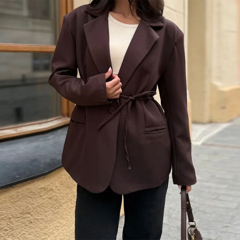 

Autumn Brown Black Women Suit 1 Piece Blazer With Belt Full Sleeves Party Jacket Formal Office Lady Wedding Guest Birthday Coat