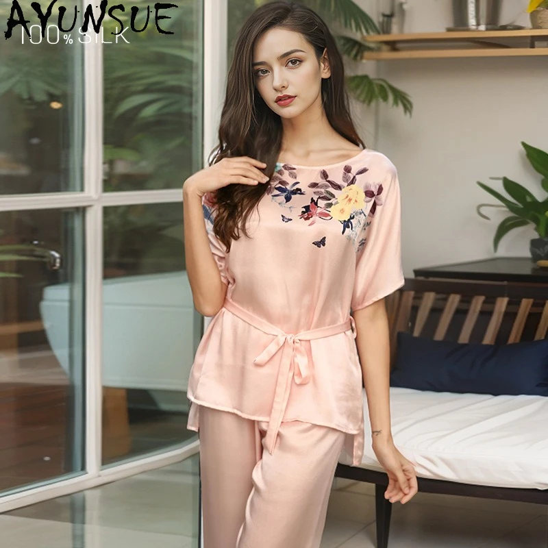 

AYUNSUE 100% шелковая одежда для сна, женская одежда, летние пижамные комплекты, шелковые повседневные длинные брюки 16 мм, топы на шнуровке Пижама Женская