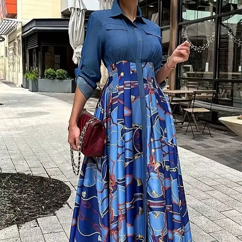 فستان نسائي طويل بطبعة بيزلي مرقع بأزرار أمامية على شكل قميص فستان ريترو على طراز الشارع