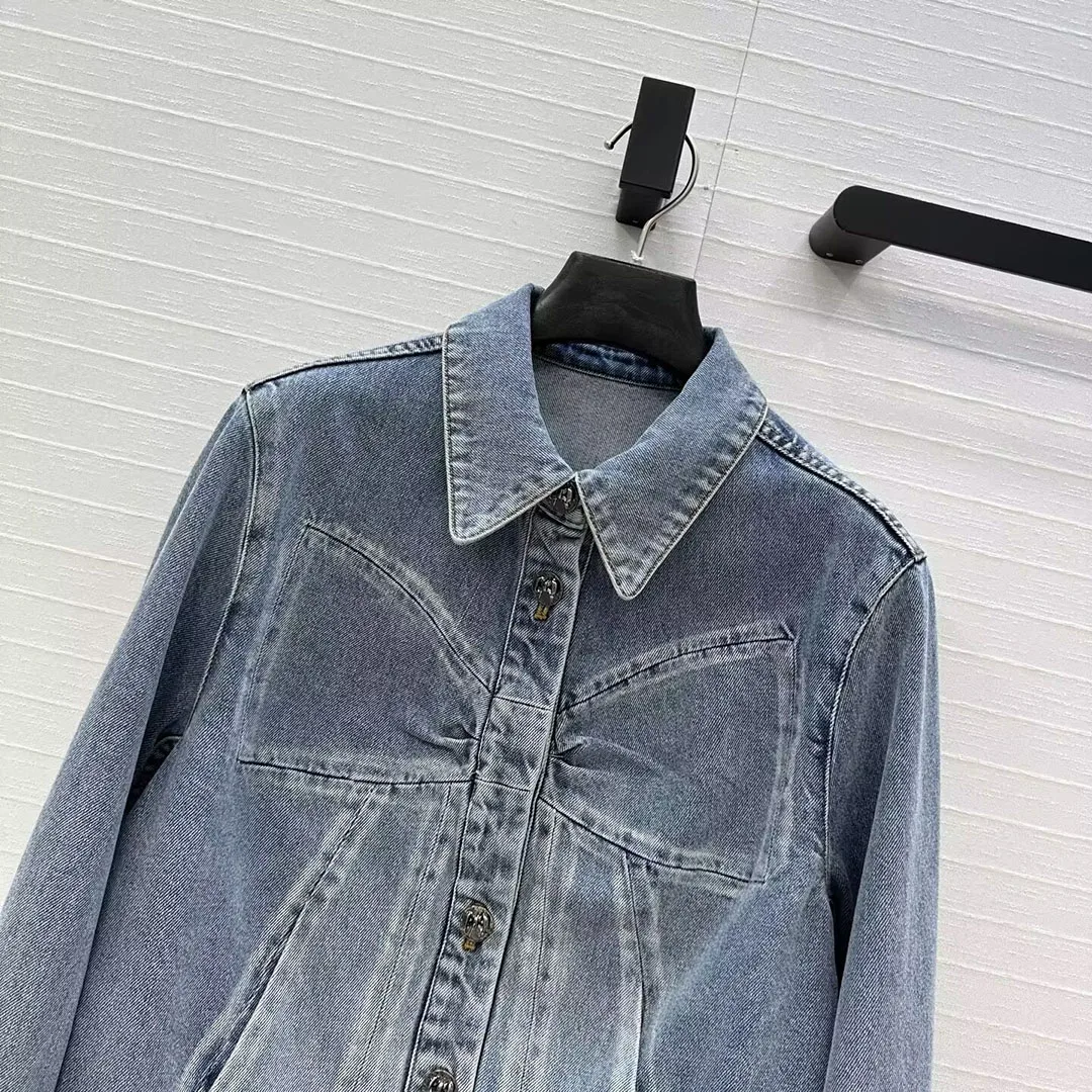 New Autumn Vintage Washed Denim Jacket with Big Bow Design Lapel Long Sleeve Single Breasted Streetwear Loose Short Design Coat