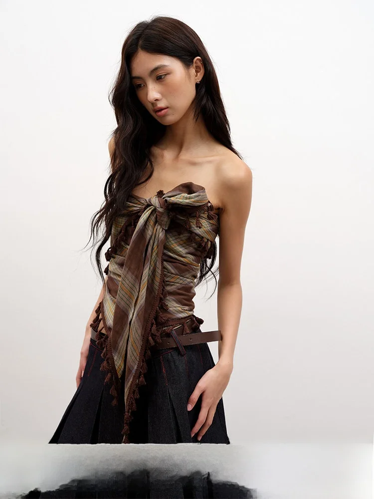 

Lvetong Original Design Retro Hot Girl Plaid Tassel Knot ort Strapl Top Women's Street Sle Cotton Summer