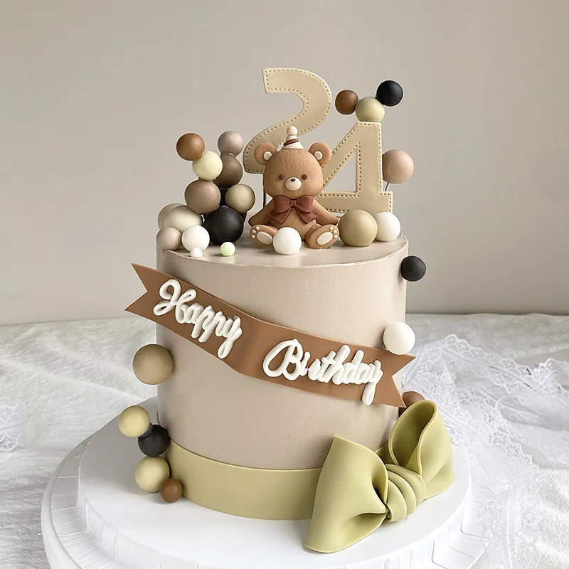 Brown Bow Bear Doll cake topper Earth Color Foam Ball Happy Birthday Cake Decorations Baby Shower Lovers Wedding Party Supplies