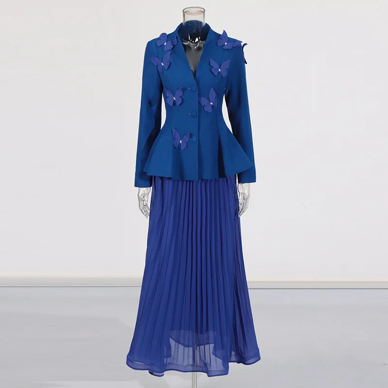 ZAMOR HIGH STREET Elegant 3D Butterfly Patchwork Waist-Cinching Jacket and High-Waist Pleated Skirt Set Women 2026