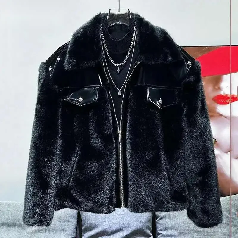 Fashionable Patchwork Men's Parka Jacket Cotton Faux Mink Fur Thickened Autumn Winter 2024 Solid Color Warm Tops CDFR5