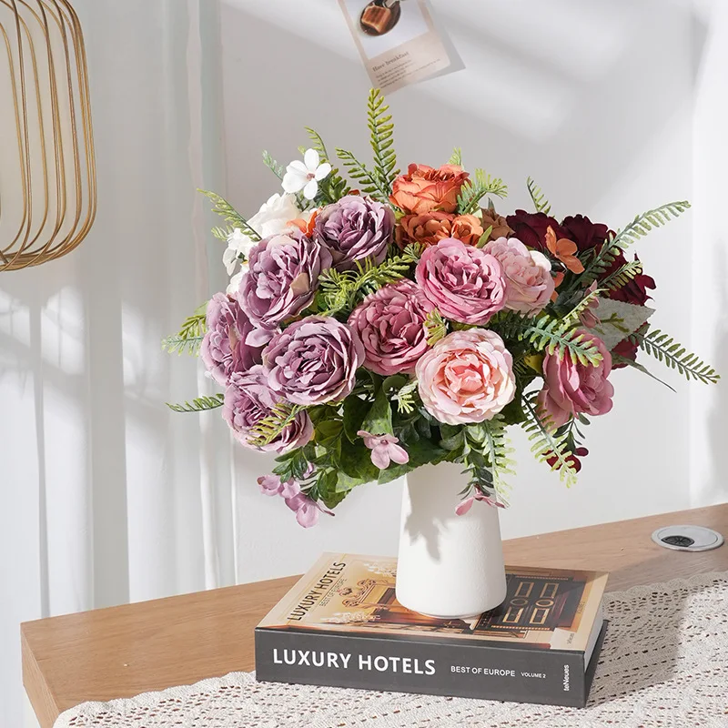 1/5 قطعة مزهرية الزهور الاصطناعية ديكور طاولة غرفة المنزل مهرجان الزفاف باقة الزفاف في الهواء الطلق حديقة لتقوم بها بنفسك هدية صندوق الحرير الفاوانيا #5