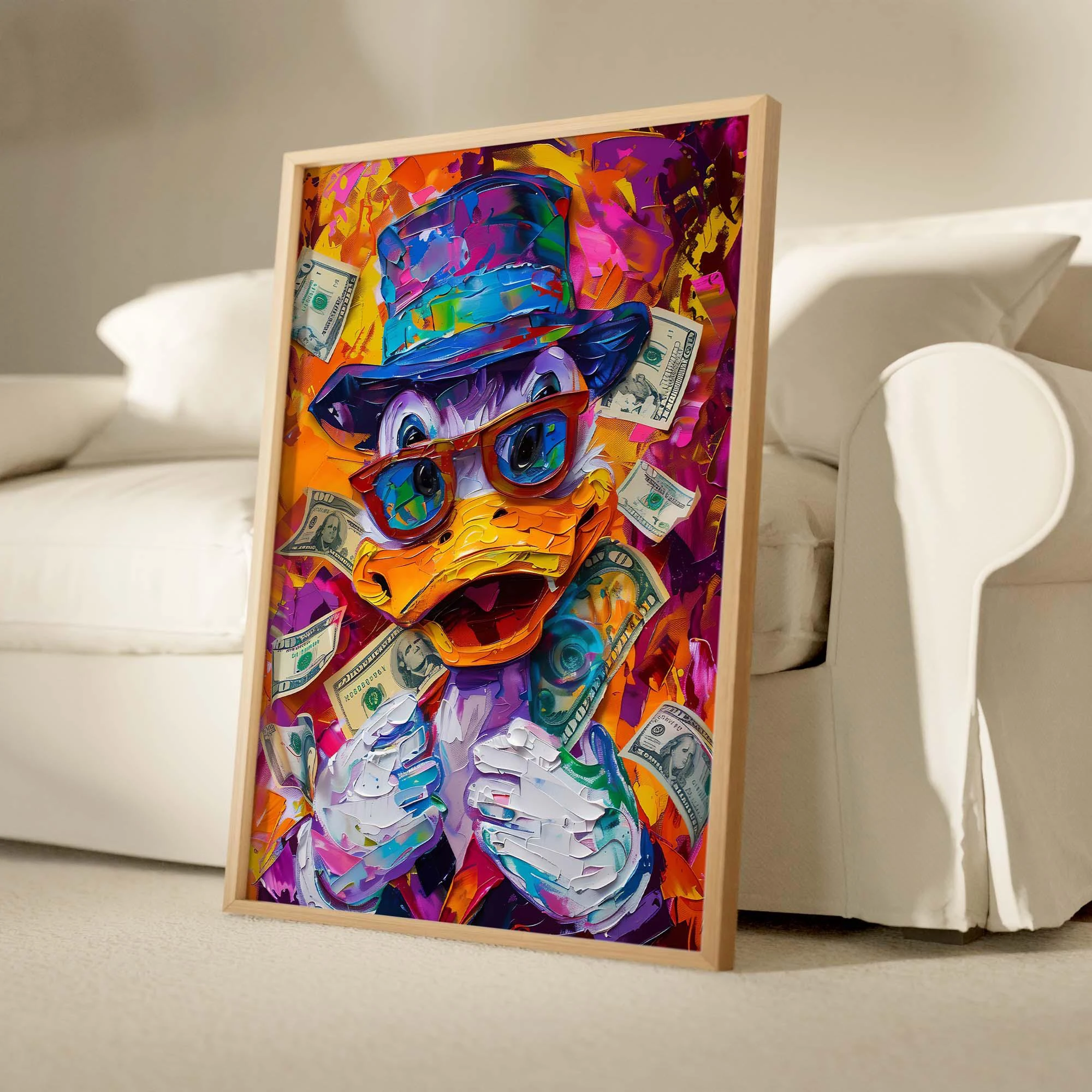

Colorful duck money art poster. Graffiti style wall decoration. Modern pop art. Abstract rich design. Vibrant street decoration