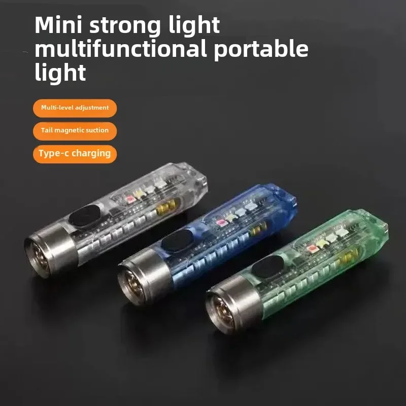 Outdoor LED Keychain Light Mini Portable Warning Strong Light Flashlight Charging Portable Magnetic Small Flashlight