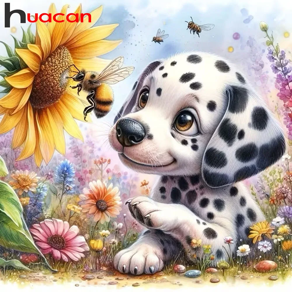 Huacan Vollquadratische und runde Diamantmalerei, gefleckter Hund, Sonnenblume, Diamantmosaik, Tier- und Blumenkunst, Heimdekoration