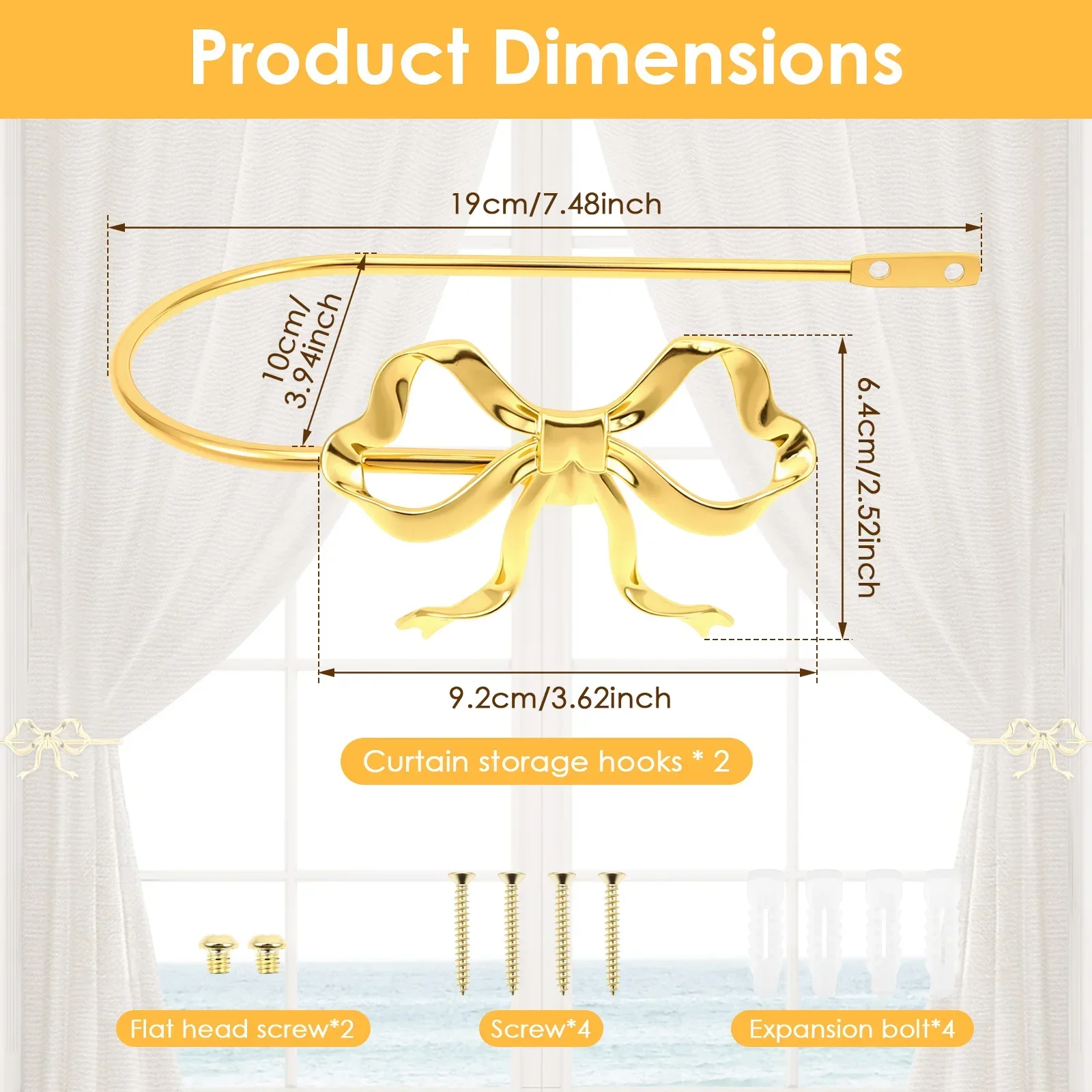 2Pcs Metal Bow Curtain Holdback Decorative Gold Bow Knot Curtain Tieback Modern Window Drapery Holdback Hook for Home Bedroom